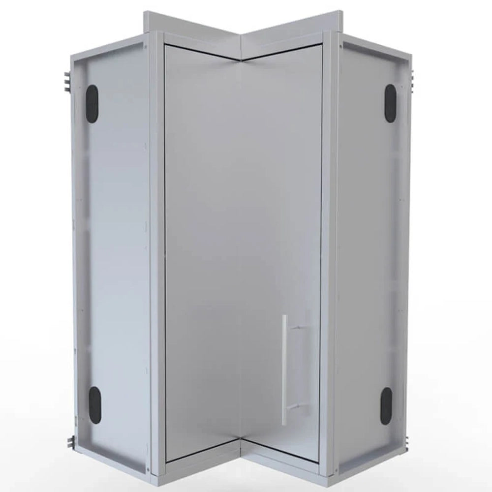 Sunstone SWC12SLS 12x12 inch outdoor kitchen corner wall cabinet with stainless steel swivel door and vertical handle.