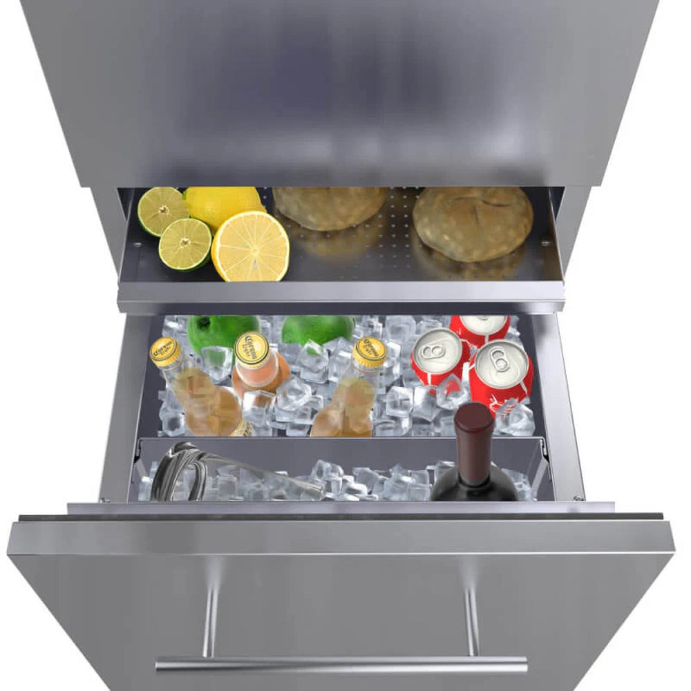 Sunstone SBC18DPIC outdoor ice chest drawer with stainless steel beverage storage, ice, and upper condiment shelf.