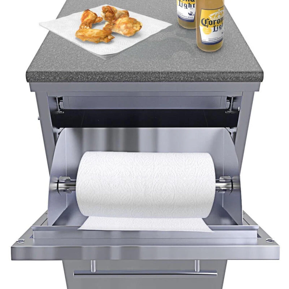 Sunstone SBC18DPIC stainless steel outdoor drawer with paper towel holder and prep shelf for grill island storage.