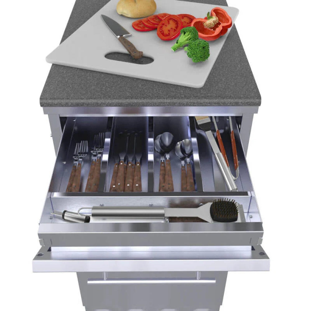 Sunstone SBC18DPIC outdoor cutlery drawer with stainless utensil organizer, grilling tools, and prep cutting board