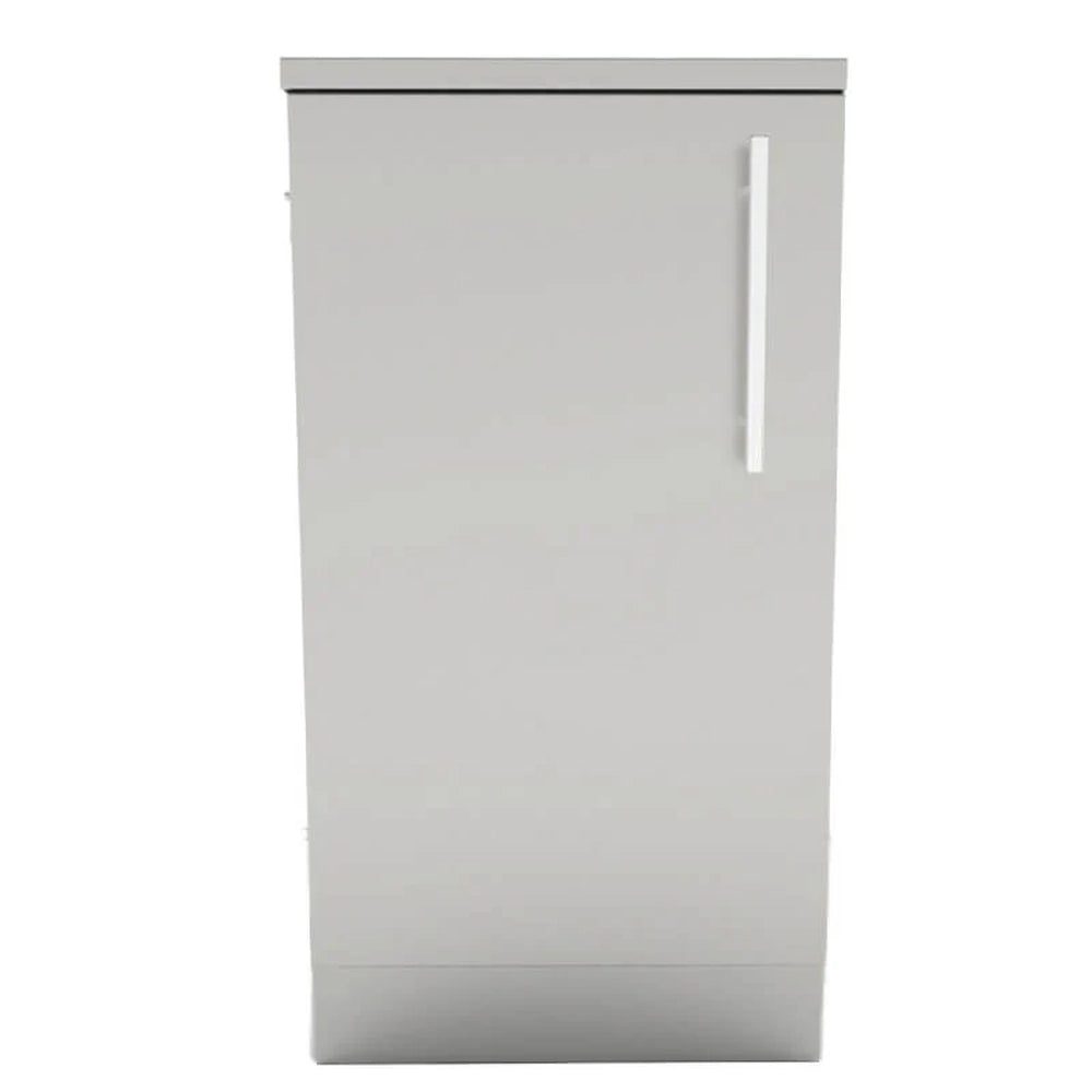 Front view of Sunstone SBC18FSD 18-inch base cabinet featuring a left-hinged 304 stainless steel door.