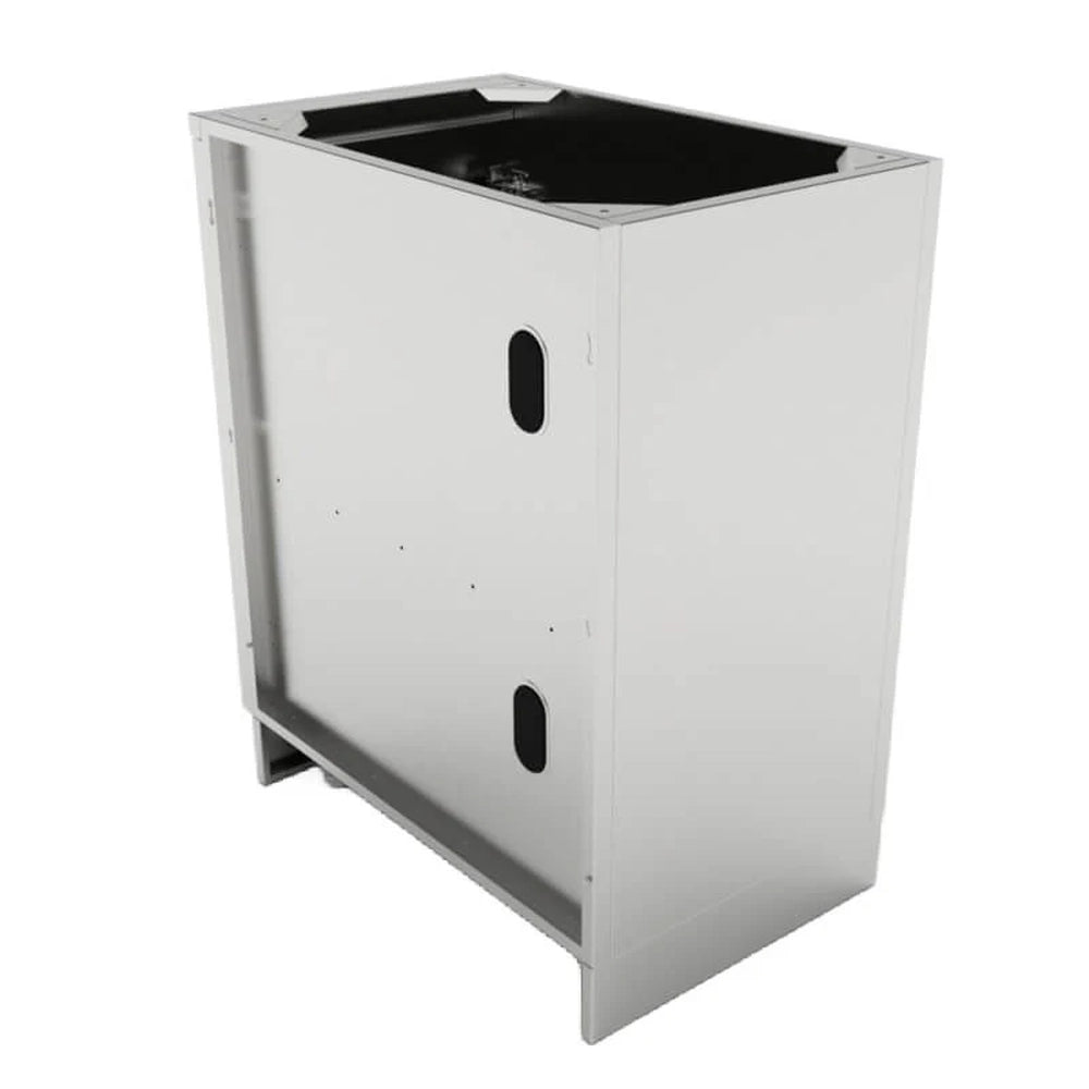 Rear angle view of Sunstone 18-inch single door cabinet showing side utility access ports for outdoor kitchen plumbing.