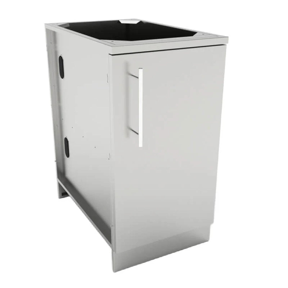 Sunstone 18-inch stainless steel single door storage cabinet with right-hinge configuration and modern bar handle.