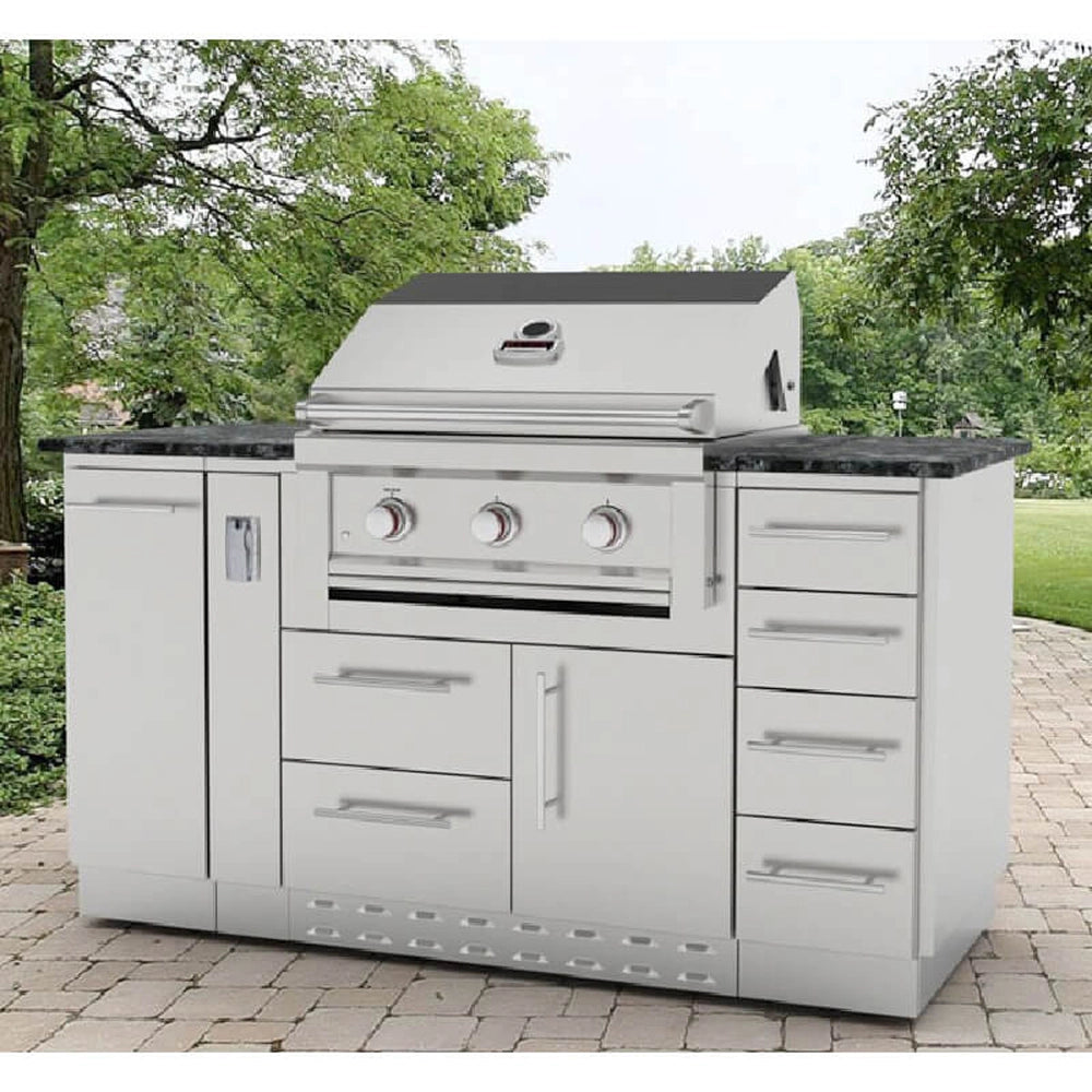Sunstone SBC12SSRD 12-inch spice rack drawer integrated into a complete outdoor kitchen island next to a built-in gas grill and granite countertop.