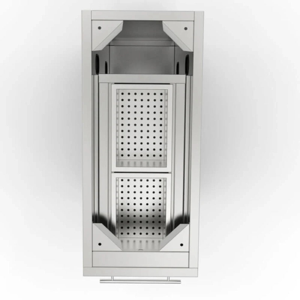 Overhead view of the Sunstone 12-inch spice rack drawer interior featuring two perforated removable stainless steel bins for organizing small spices and seasoning jars.