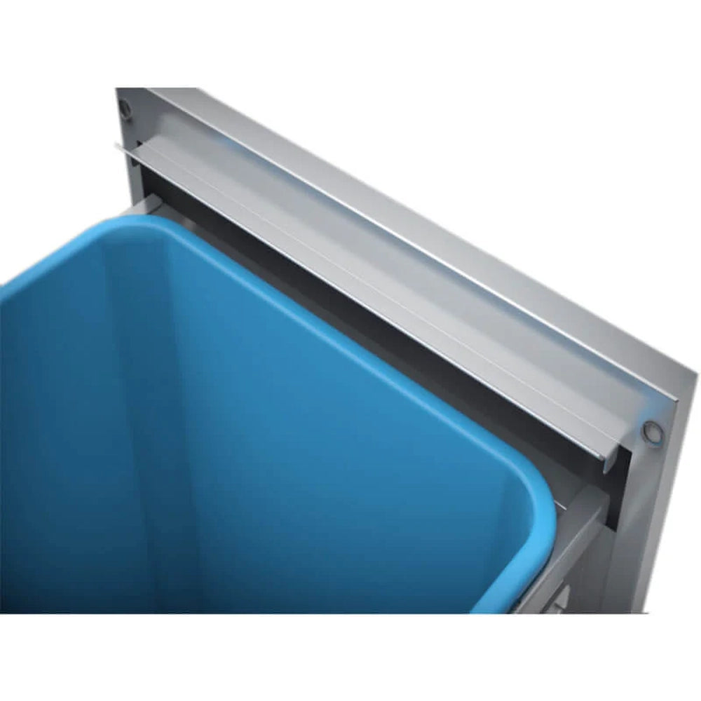 Close-up view of the interior blue plastic bin sitting inside the Sunstone SBC18STRD pull-out trash drawer.