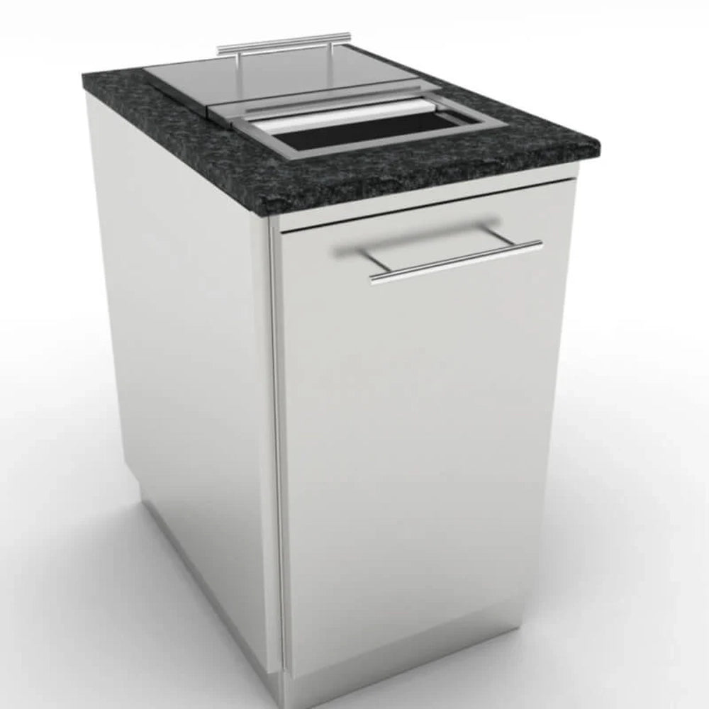 Sunstone 18-inch trash cabinet featuring a top-access countertop trash chute with a sliding lid and stainless steel handle.