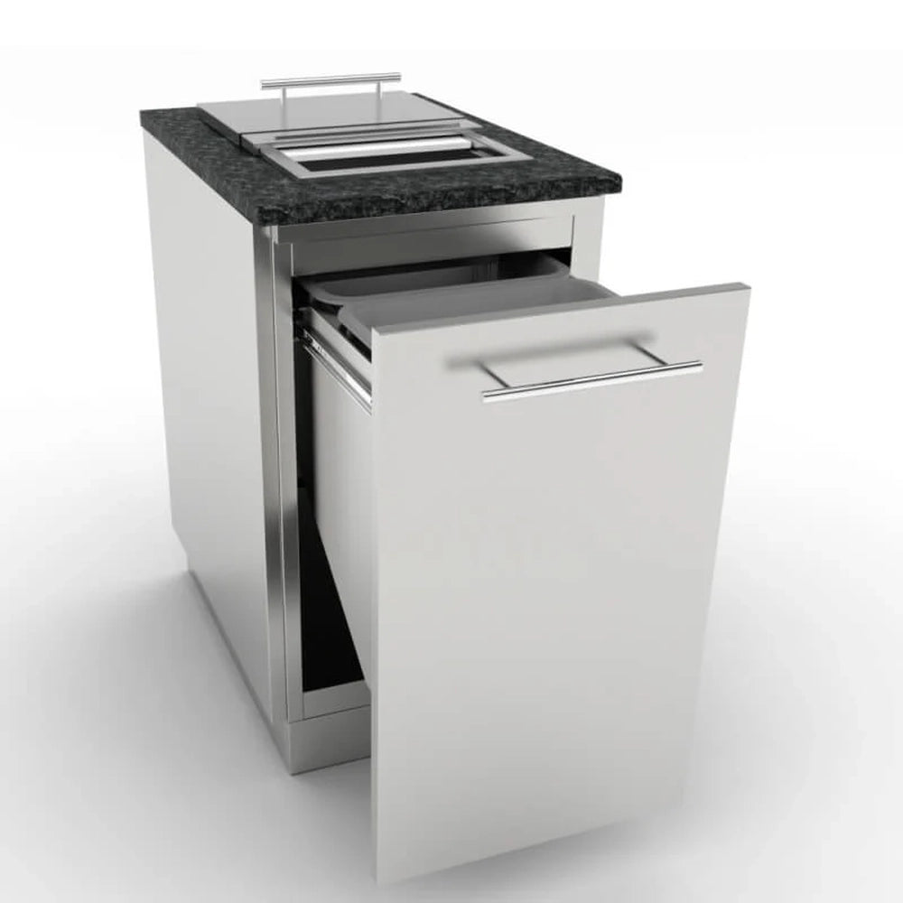 Fully extended Sunstone outdoor kitchen trash drawer showing the dual bin capacity and heavy-duty sliding tracks.