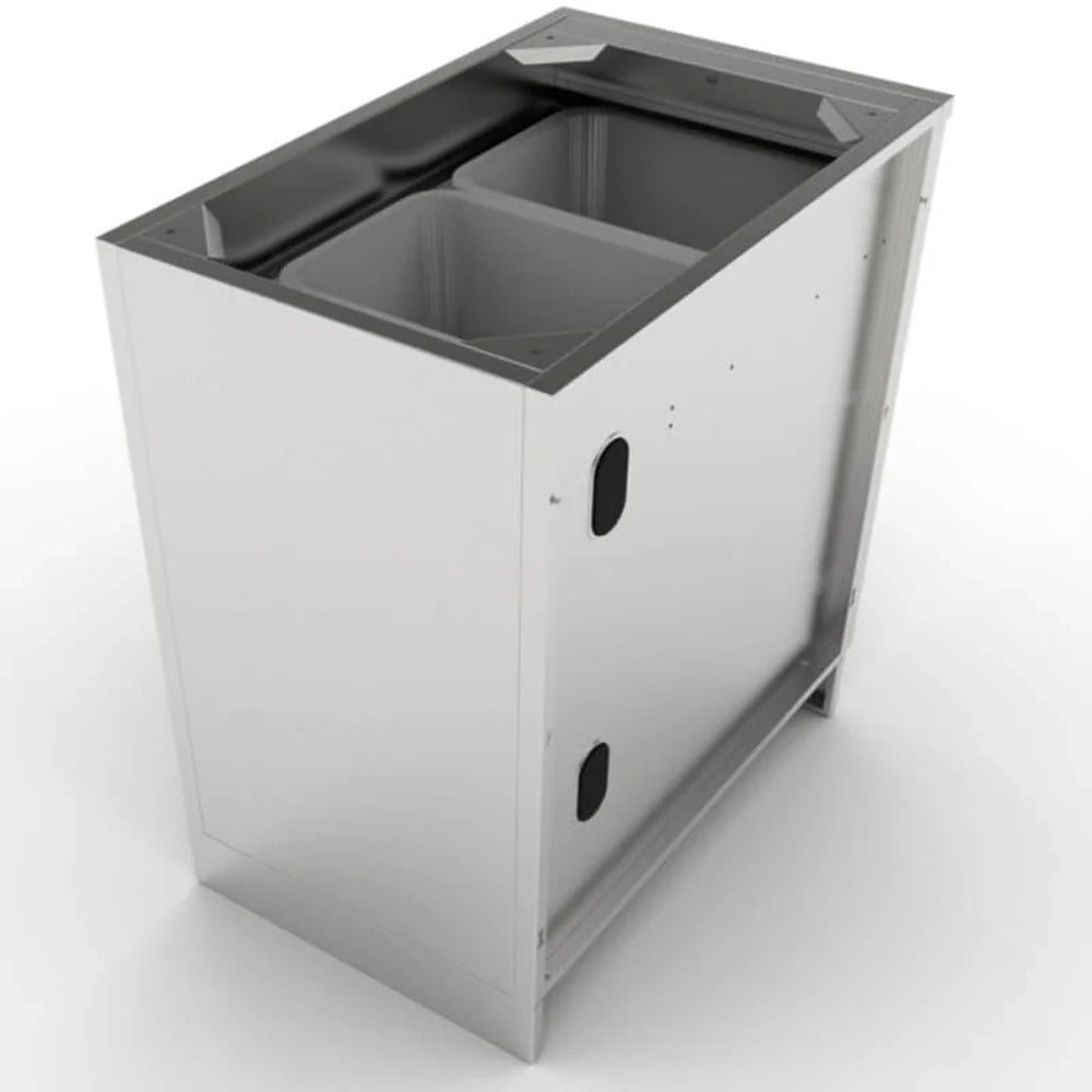 Rear perspective of the Sunstone 18-inch double bin trash drawer showing the open-top cabinet design for easy installation.
