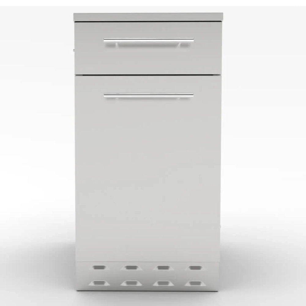 Front view of Sunstone SBC18SLPCD propane and trash drawer combo featuring sleek bar handles and bottom ventilation louvers for gas safety.