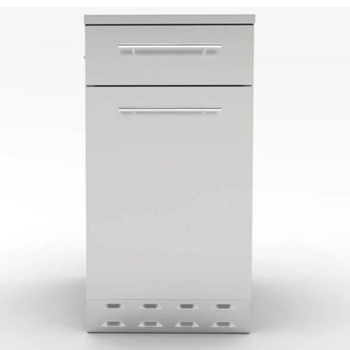 Front view of Sunstone SBC18SLPCD propane and trash drawer combo featuring sleek bar handles and bottom ventilation louvers for gas safety.