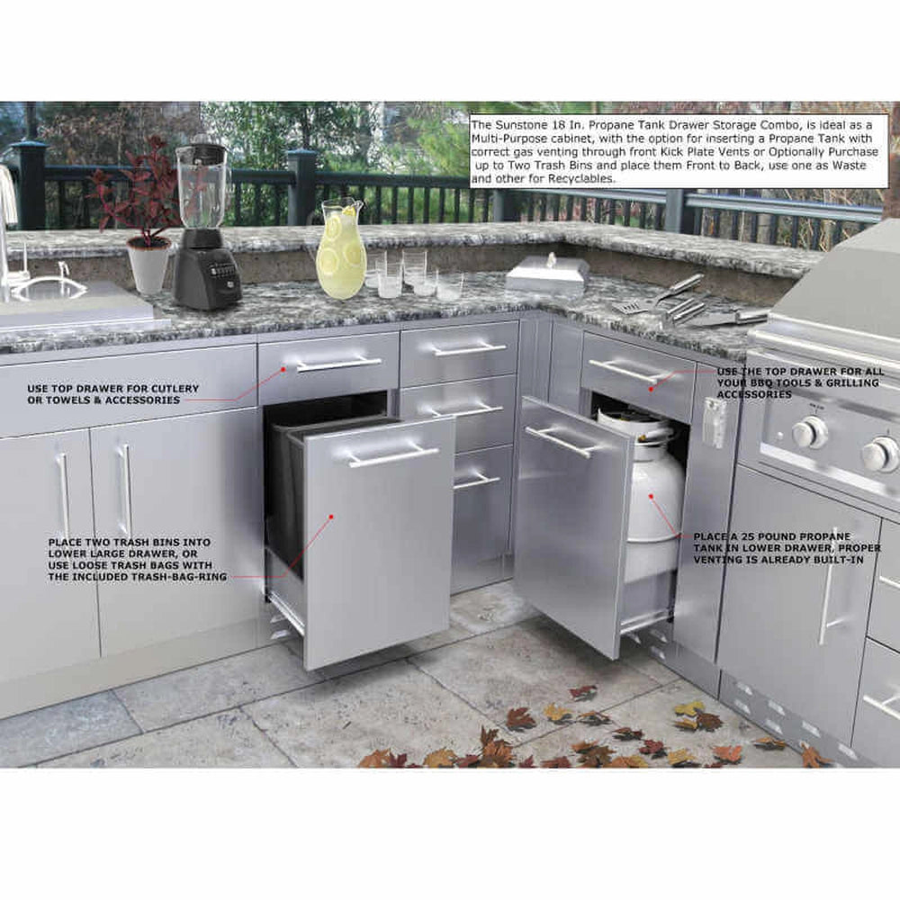 Two Sunstone 18-inch drawer cabinets installed in a granite outdoor kitchen, one configured for dual trash recycling and the other for propane tank storage.