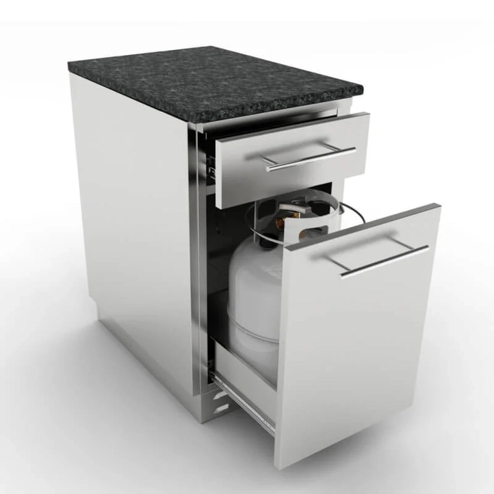 Sunstone SBC18SLPCD cabinet with the bottom drawer extended to show a standard 20lb propane tank secured in the built-in tank holder.