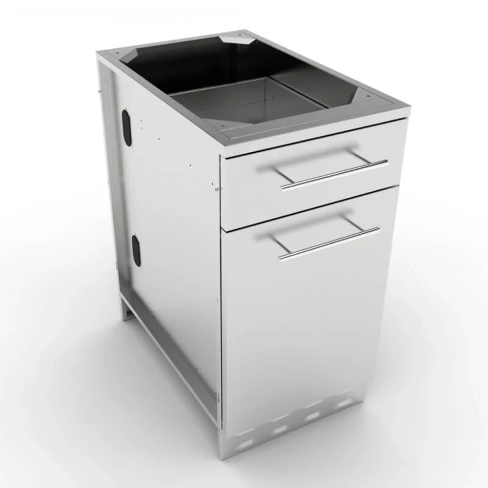 Sunstone 18-inch stainless steel outdoor kitchen cabinet with top utility drawer and large bottom storage for propane tanks or trash bins.
