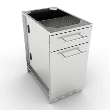 Sunstone 18-inch stainless steel outdoor kitchen cabinet with top utility drawer and large bottom storage for propane tanks or trash bins.
