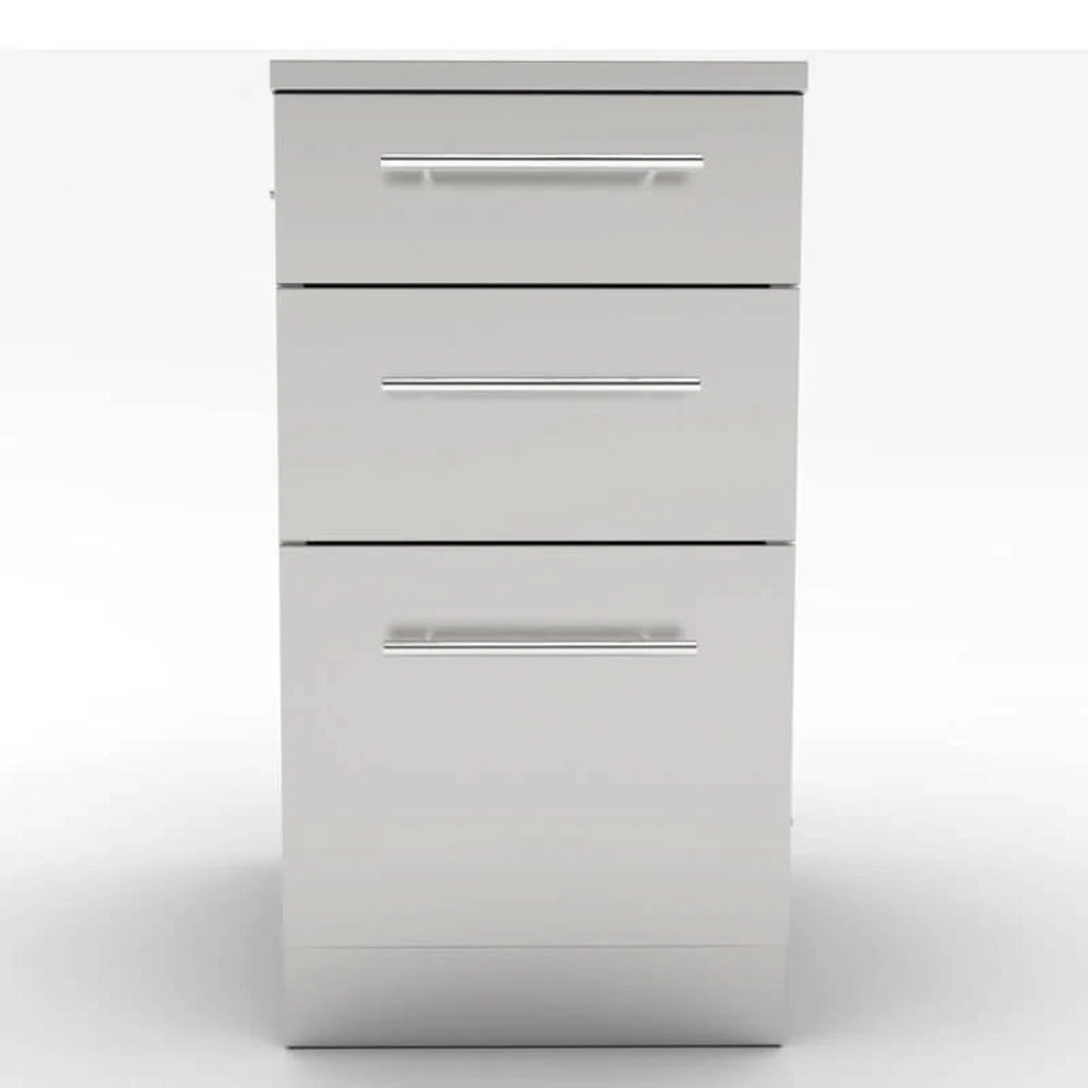 Front view of a Sunstone 18-inch triple drawer base cabinet featuring professional-grade 304 stainless steel construction and sleek horizontal bar handles.