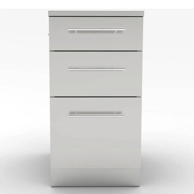 Front view of a Sunstone 18-inch triple drawer base cabinet featuring professional-grade 304 stainless steel construction and sleek horizontal bar handles.