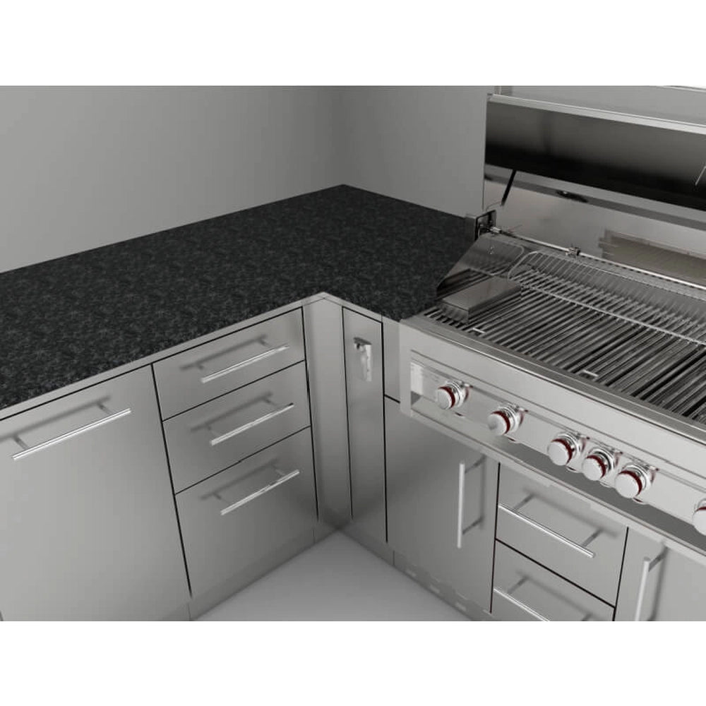 Sunstone SBC18STD triple drawer base cabinet integrated into a complete stainless steel outdoor kitchen island next to a built-in gas grill.