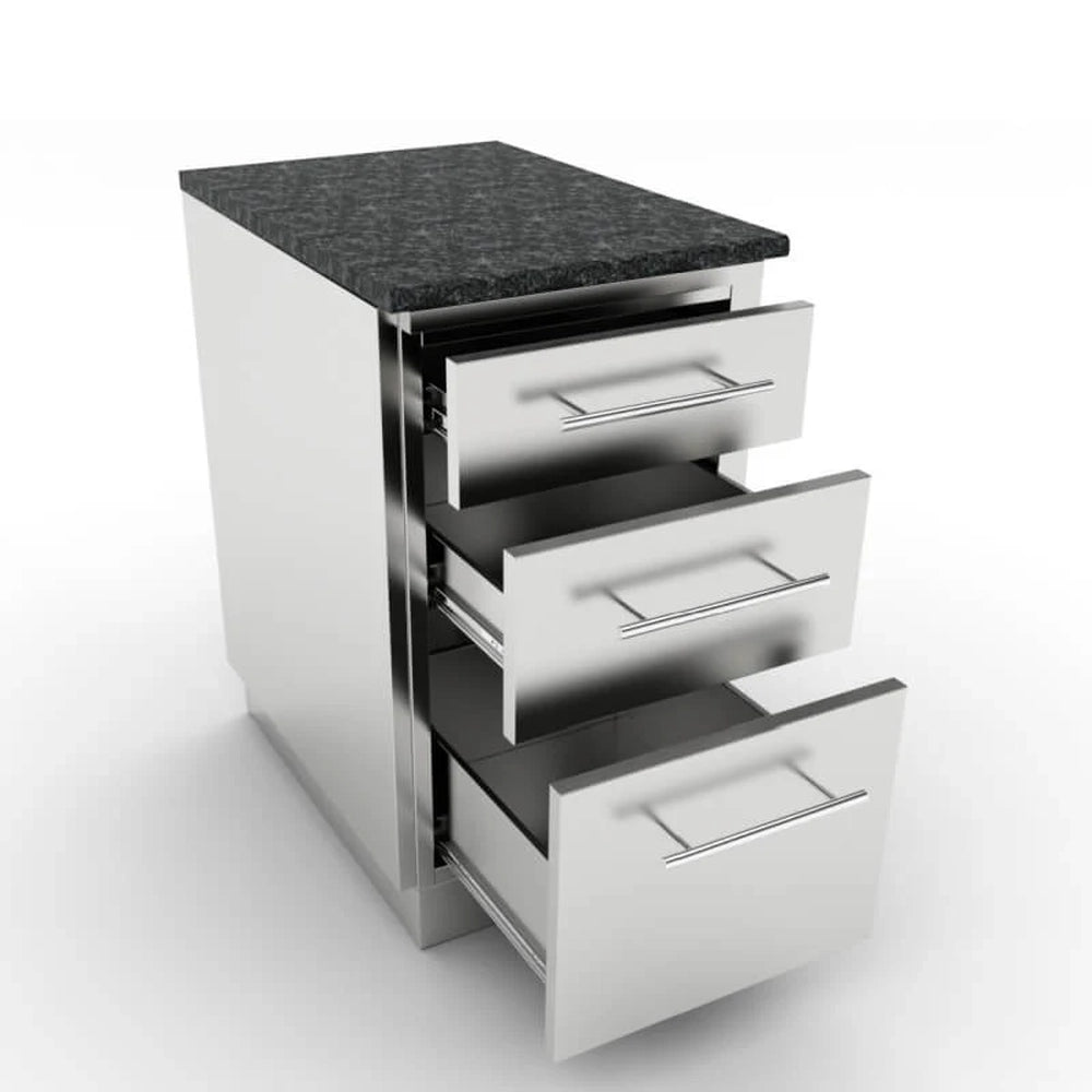 Sunstone 18-inch triple drawer outdoor cabinet with three soft-closing drawers extended, shown with a black granite countertop installed.