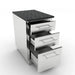 Sunstone 18-inch triple drawer outdoor cabinet with three soft-closing drawers extended, shown with a black granite countertop installed.