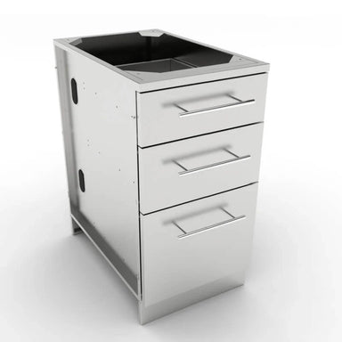 Sunstone SBC18STD 18-inch stainless steel triple drawer outdoor kitchen base cabinet showing side knockout holes for plumbing and electrical access.