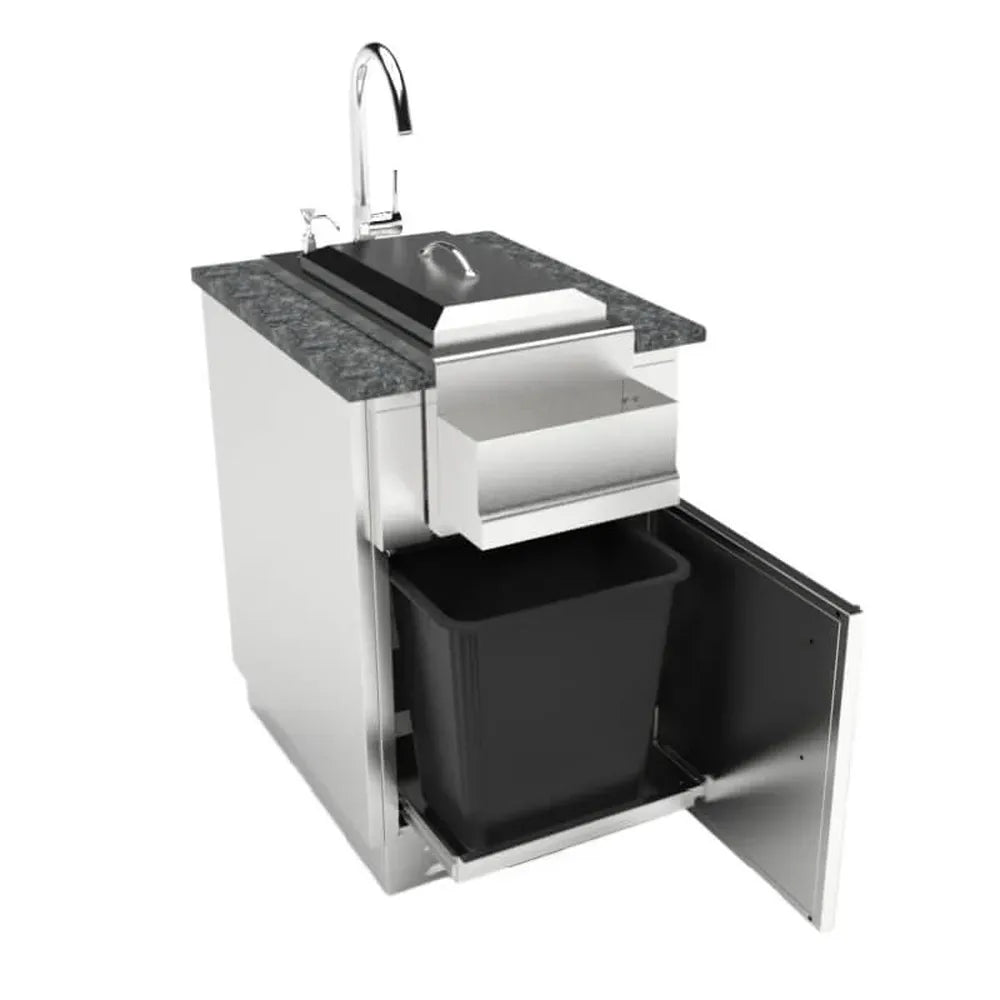 Sunstone SAC20CSDR 20" right-door appliance cabinet shown with pull-out trash bin and prep drawer beside sink in outdoor kitchen setup.