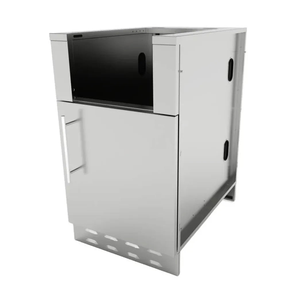 Angled view of Sunstone SAC20CSDR 20" stainless appliance cabinet with right-hinged door, vented base, and open top cutout for outdoor kitchen install.