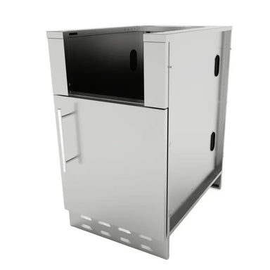 Angled view of Sunstone SAC20CSDR 20" stainless appliance cabinet with right-hinged door, vented base, and open top cutout for outdoor kitchen install.