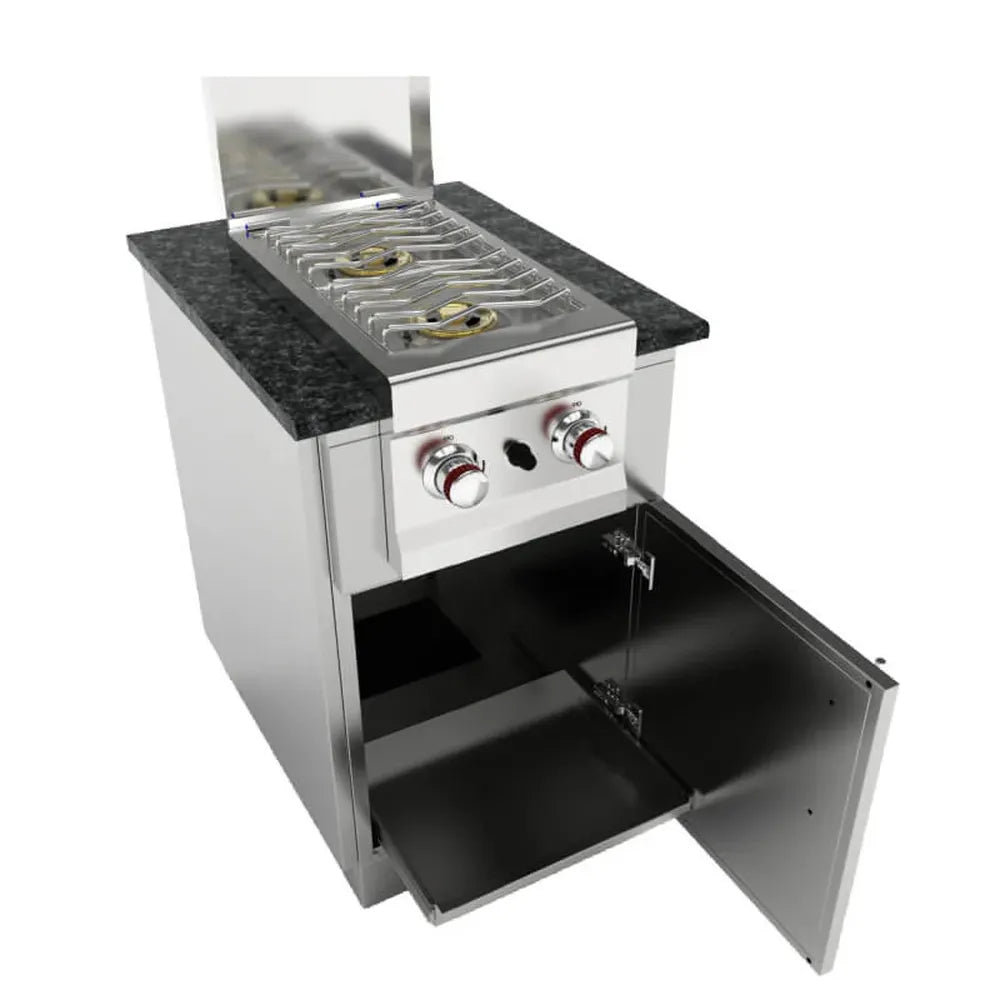 Sunstone SAC20CSDR 20-inch stainless right-door appliance cabinet shown next to built-in side burner, with open lower storage access.