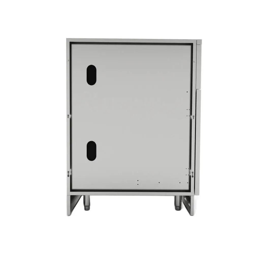 Rear view of Sunstone SAC20CSDR 20-inch appliance cabinet, stainless back panel with utility access cutouts and adjustable legs.