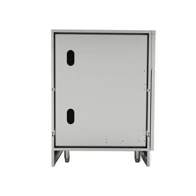 Rear view of Sunstone SAC20CSDR 20-inch appliance cabinet, stainless back panel with utility access cutouts and adjustable legs.