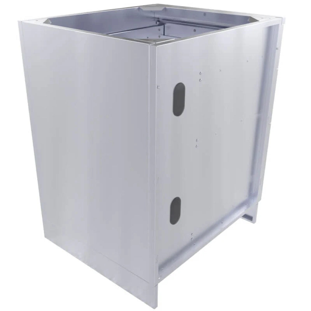 Back and side view of the Sunstone 24-inch large triple drawer cabinet showing the enclosed stainless steel chassis and integrated knock-outs for gas or electrical line routing.