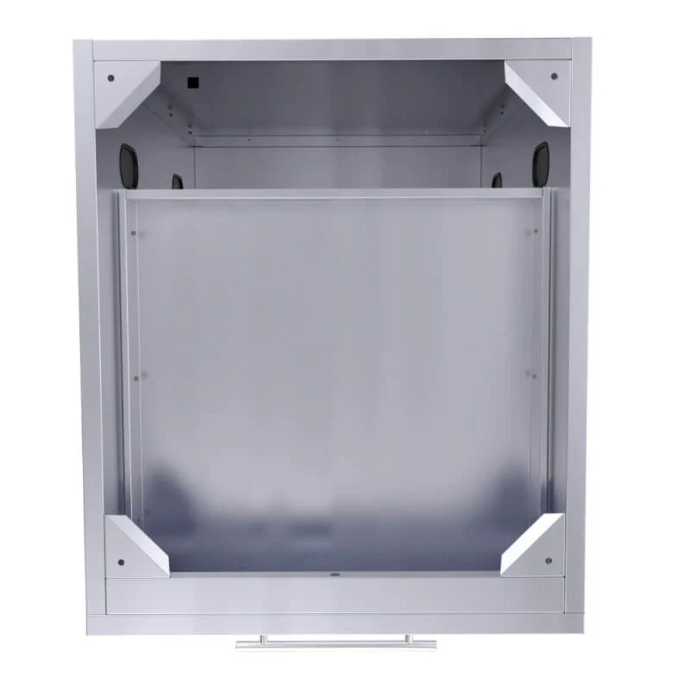 Interior top-down view of a Sunstone 24-inch outdoor kitchen cabinet structure showing heavy-duty stainless steel corner supports and pre-drilled holes for countertop installation.