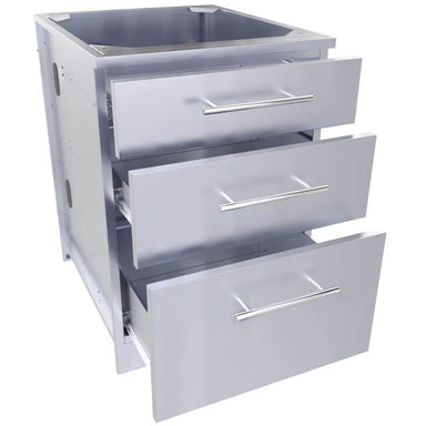 Sunstone SBC24STD outdoor triple drawer cabinet with soft-closing drawers partially extended, showcasing the smooth-glide tracks and deep storage capacity for grilling tools.
