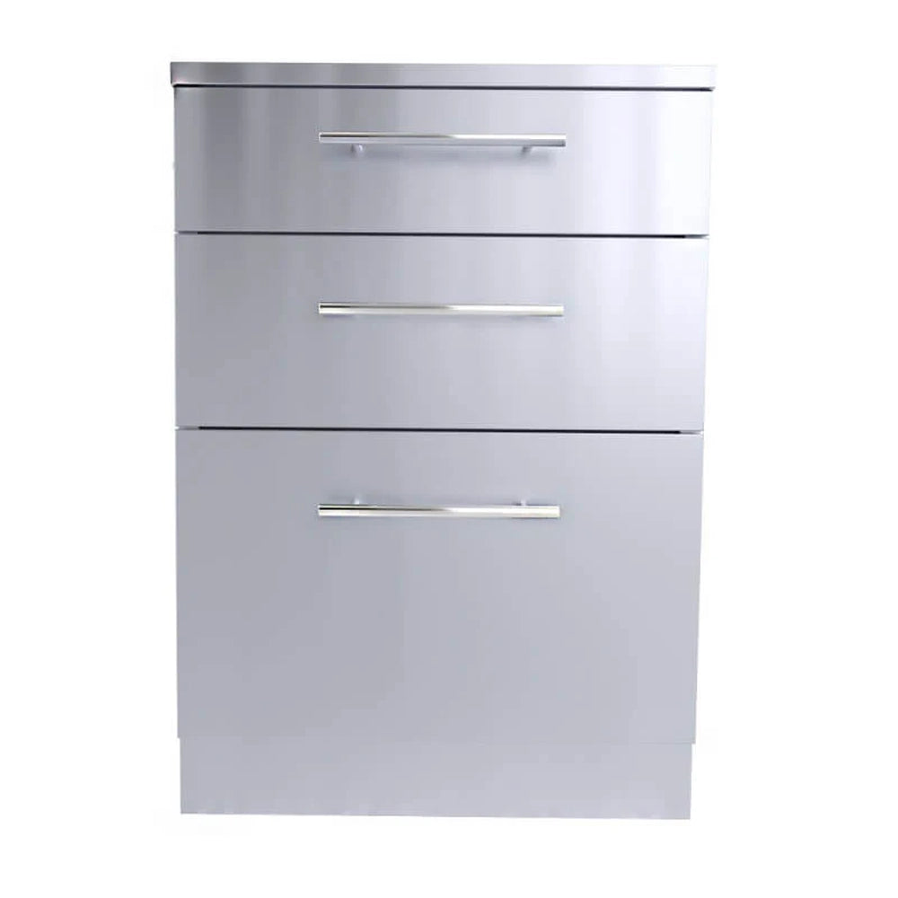 Front view of Sunstone SBC24STD 24-inch stainless steel triple drawer base cabinet featuring professional bar handles and a sleek weather-resistant finish for outdoor kitchens.