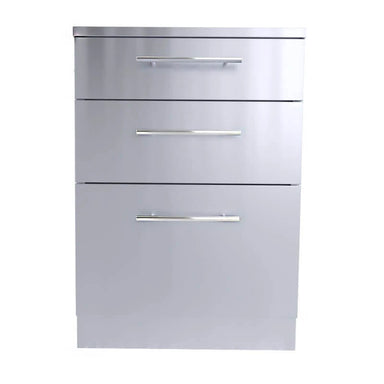 Front view of Sunstone SBC24STD 24-inch stainless steel triple drawer base cabinet featuring professional bar handles and a sleek weather-resistant finish for outdoor kitchens.