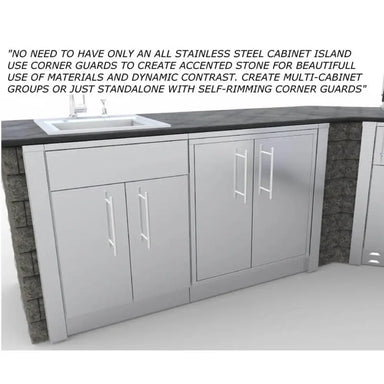 Sunstone SCC3ENDSPL 3-inch stainless steel left end corner guard panel installed on a stone veneer outdoor kitchen island to create a clean transition between cabinets and masonry.