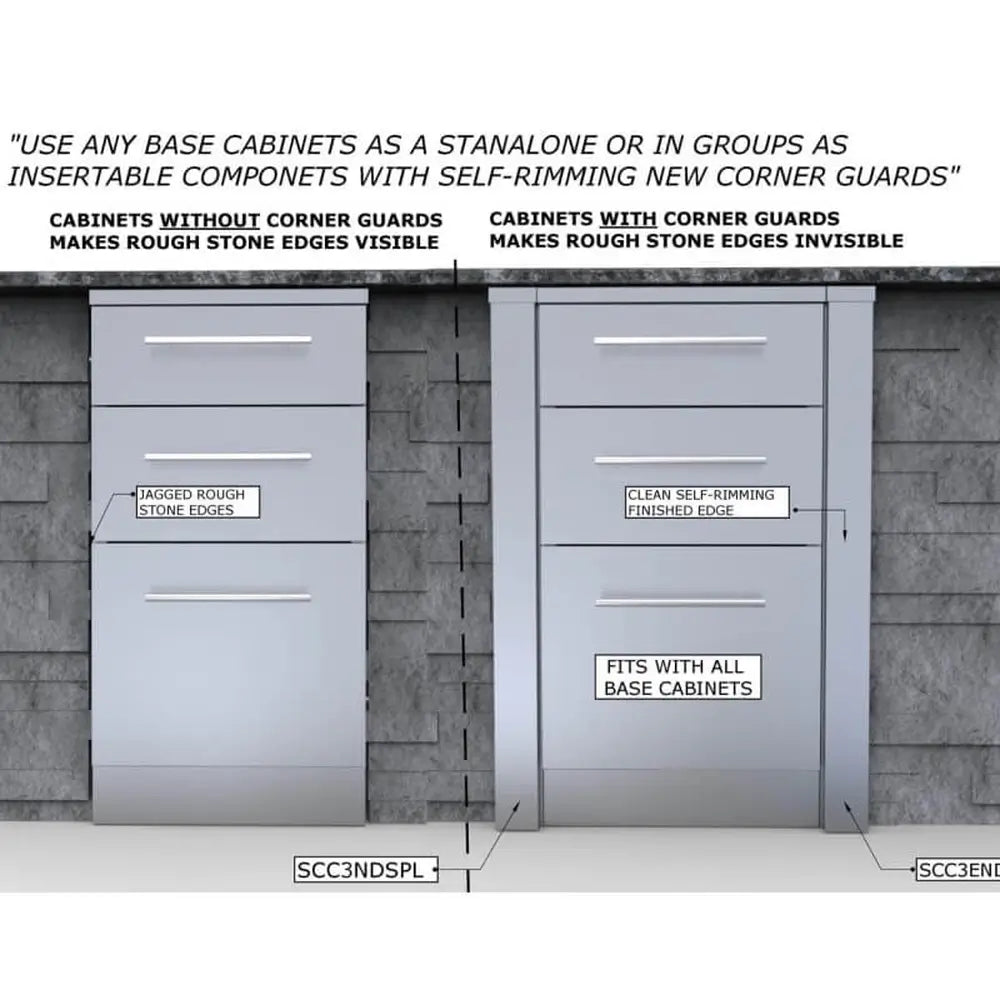 Side-by-side comparison of an outdoor cabinet with and without Sunstone SCC3ENDSPL corner guards, highlighting the "self-rimming" finished edge that hides jagged stone cuts.