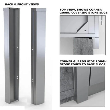 Front and back product views of the Sunstone SCC3ENDSPL corner guard with technical diagrams showing the top and bottom views of the panel covering rough stone edges.
