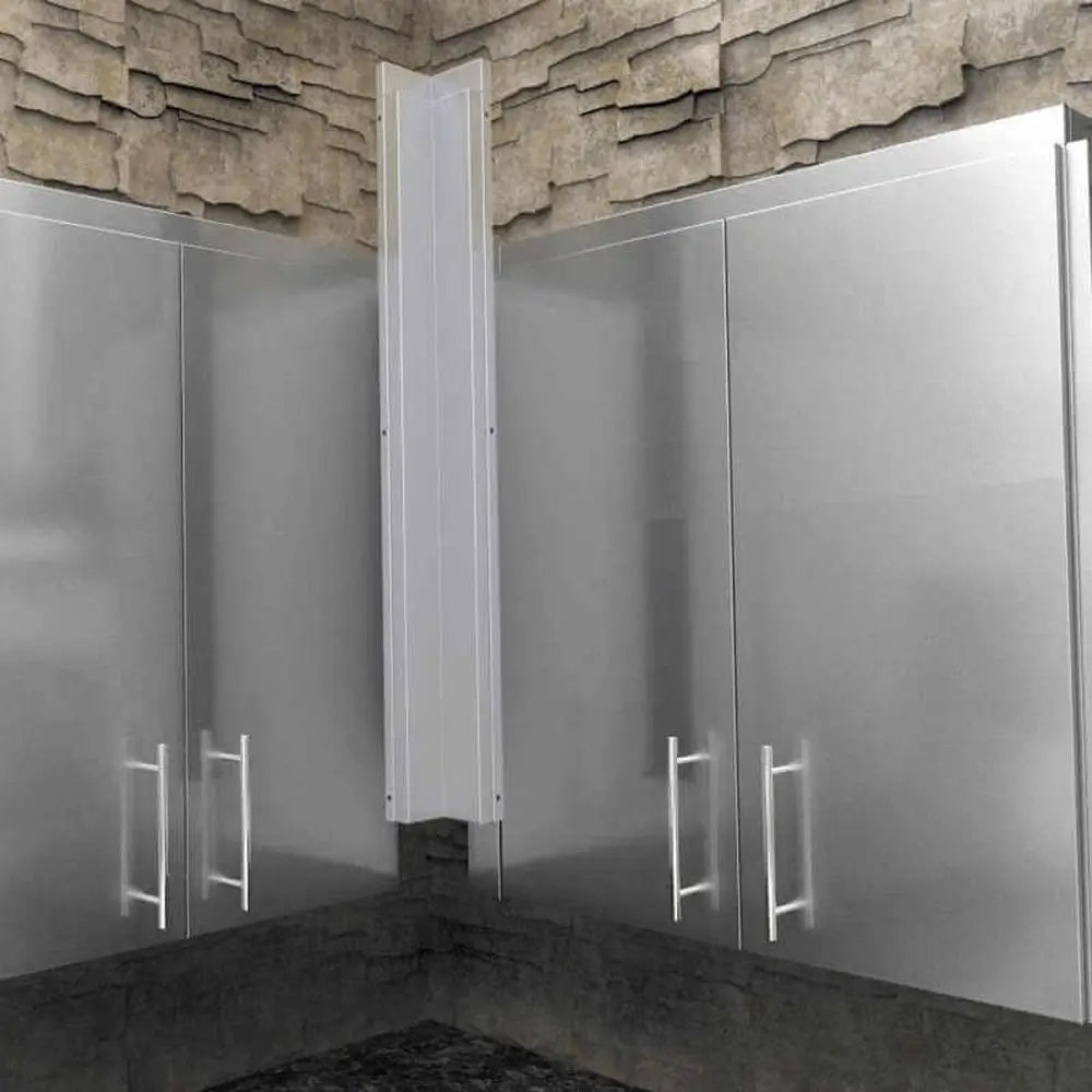 Close-up of Sunstone SWC3SP90 corner spacer panel installed between two stainless steel wall cabinets against a stone backsplash.
