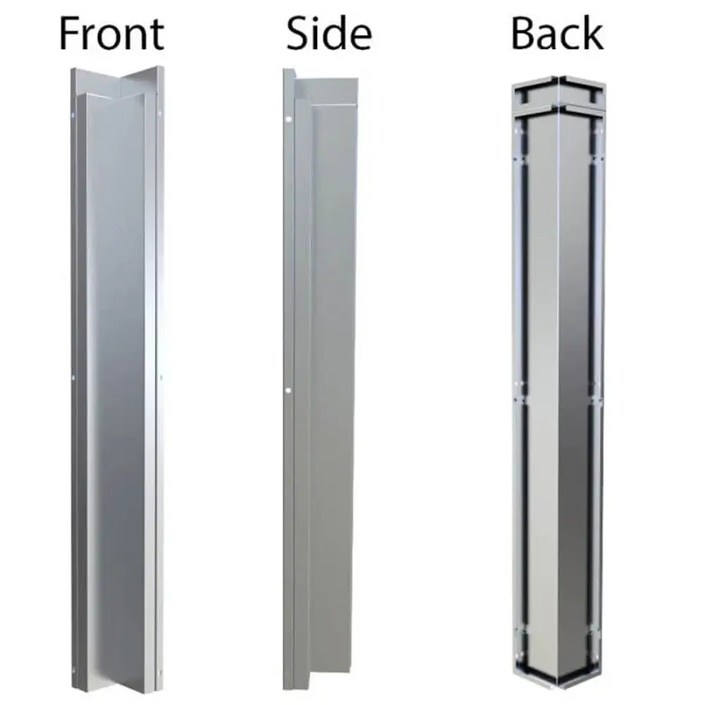 Front, side, and back views of the Sunstone SWC3SP90 90-degree corner spacer, highlighting the 304 stainless steel construction.