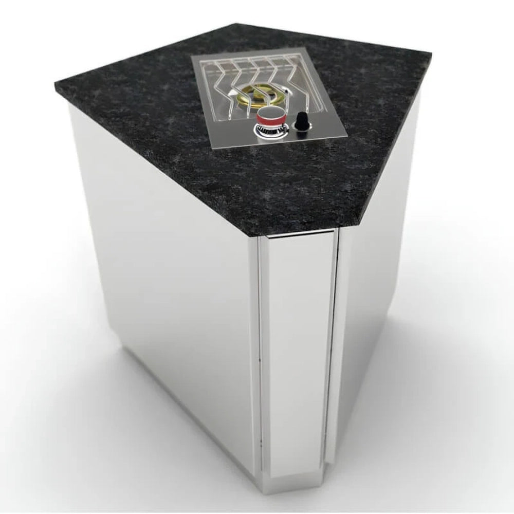 Sunstone 30-degree corner cabinet installed with a dark granite countertop and a built-in outdoor gas side burner.