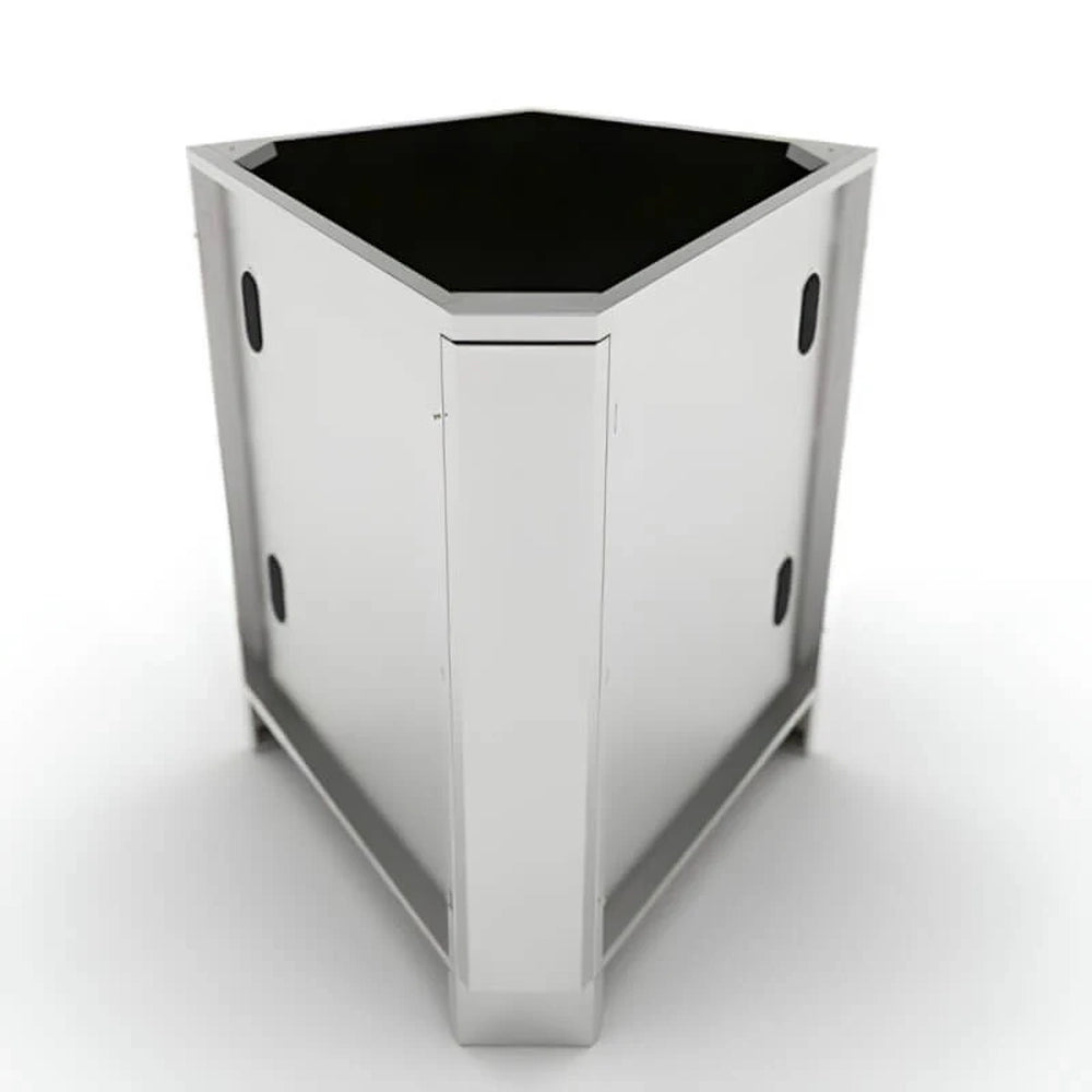 Sunstone SBC5C30 30-degree stainless steel corner cabinet for outdoor kitchens featuring utility access ports and adjustable leveling feet.