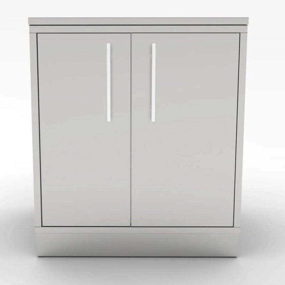 Front-facing view of Sunstone 30-inch weather-sealed dry storage pantry cabinet featuring a flush-mount design and brushed stainless steel finish.