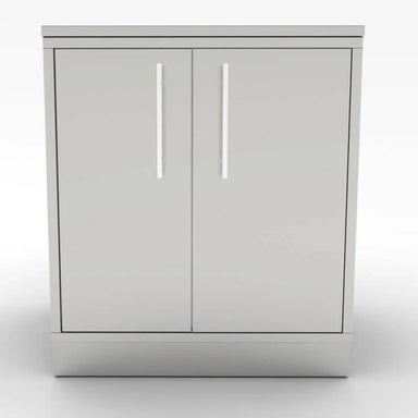 Front-facing view of Sunstone 30-inch weather-sealed dry storage pantry cabinet featuring a flush-mount design and brushed stainless steel finish.