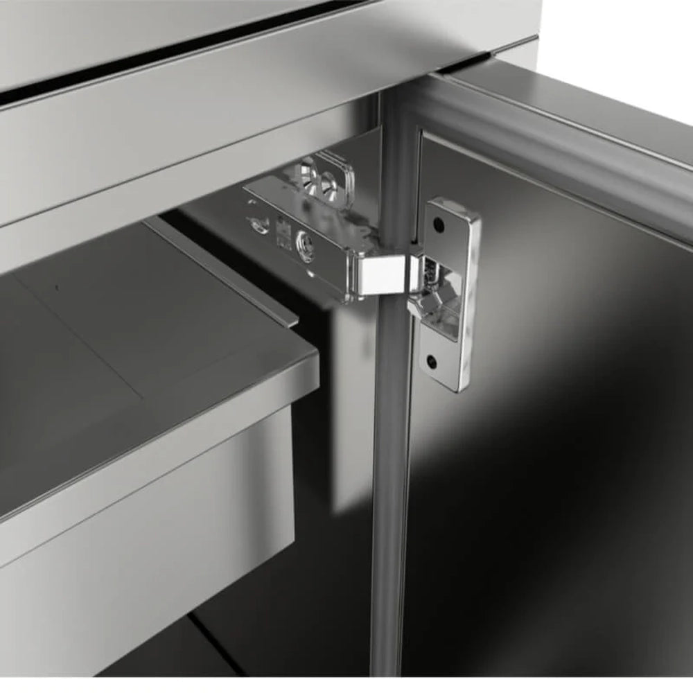 Close-up of heavy-duty soft-close door hinges and rubber weather-sealing on the Sunstone SBC30DSPC outdoor pantry for moisture protection.