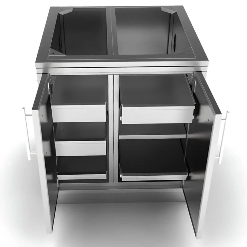 Interior view of Sunstone 30-inch dry storage pantry showing multi-level slide-out bins and adjustable shelves for organized outdoor kitchen storage.