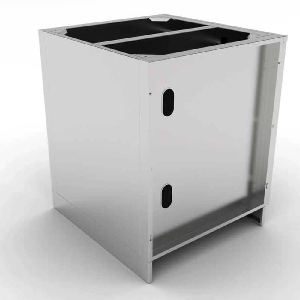 Rear view of Sunstone SBC30DSPC cabinet highlighting the enclosed box design and pre-drilled access ports for utilities and venting.