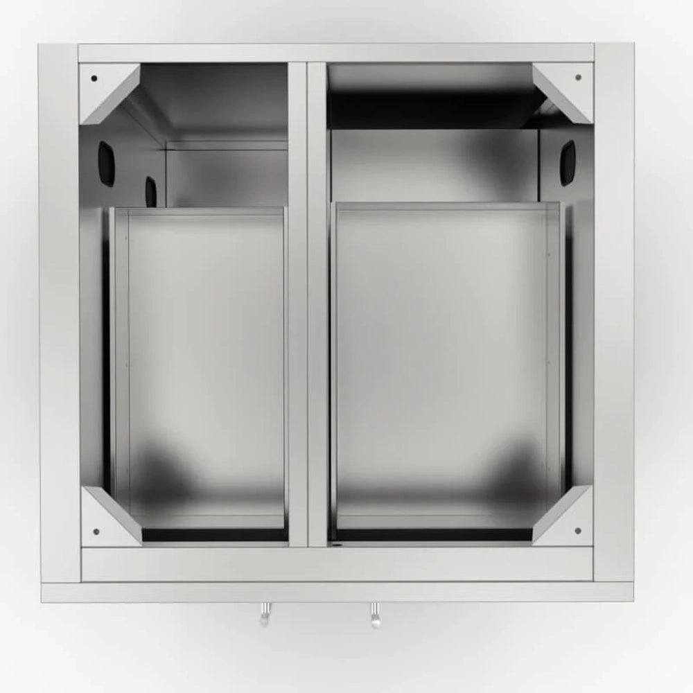 Top-down view of Sunstone 30-inch outdoor pantry cabinet showing the dual-chamber interior layout and reinforced corner supports.