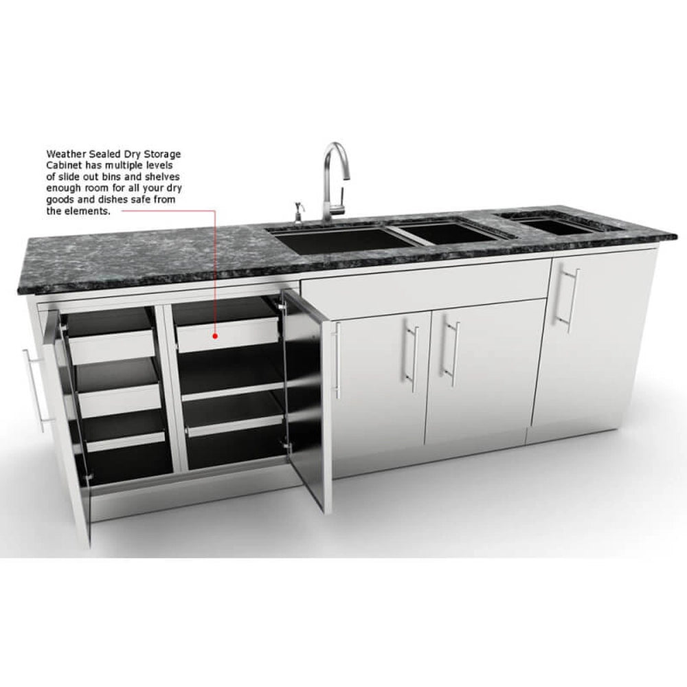 Sunstone weather-sealed dry storage pantry installed in a modern outdoor grill island with a granite countertop and matching stainless steel appliances.